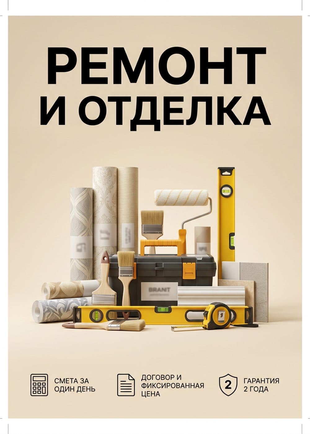 Готовая листовка ремонтной бригады: заголовок «Ремонт квартир под ключ», три пункта с гарантией и сметой, цена от 8 000 рублей за квадратный метр, телефон и место под QR-код
