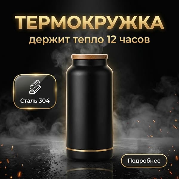 Квадратный рекламный кадр: чёрная термокружка с деревянной крышкой стоит в клубах пара на тёмном мокром фоне, сверху золотой заголовок «ТЕРМОКРУЖКА» и подпись «держит тепло 12 часов», слева чип «Сталь 304», справа внизу кнопка «Подробнее»