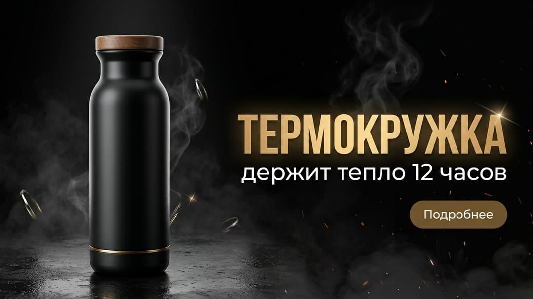 Широкий рекламный кадр: чёрная термокружка с деревянной крышкой слева в клубах пара на тёмном мокром фоне, справа золотой заголовок «ТЕРМОКРУЖКА», подпись «держит тепло 12 часов» и бежевая кнопка «Подробнее»