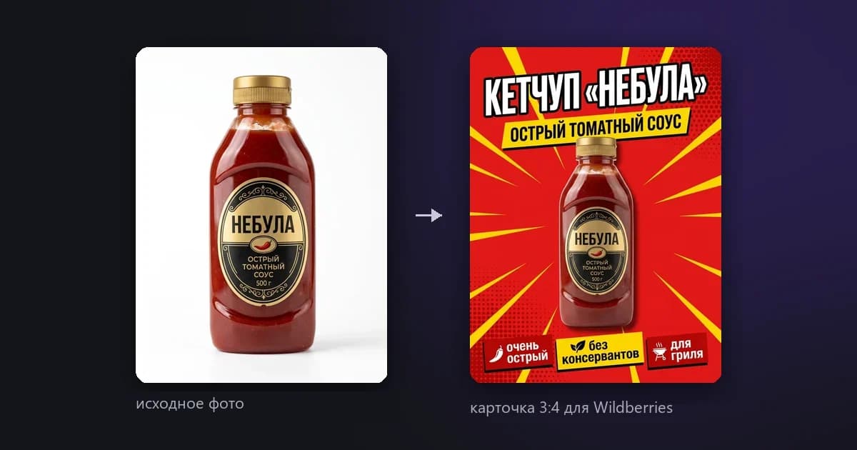 Слева исходное фото бутылки кетчупа «Небула» на белом фоне, справа готовая карточка 3:4: красный фон с лучами, заголовок «Кетчуп «Небула»», плашка «острый томатный соус» и три чипа внизу
