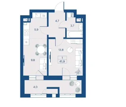 Планировка 1-комнатной квартиры 41,9 м²