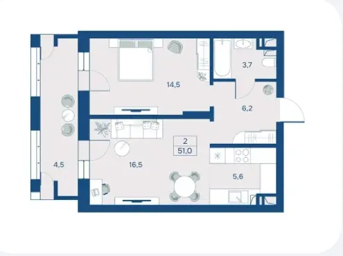Планировка 1-комнатной квартиры 51 м²