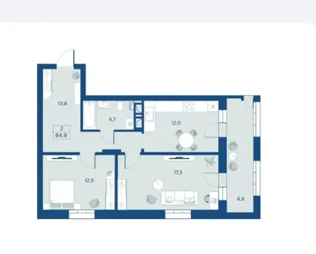 Планировка 2-комнатной квартиры 64,9 м²